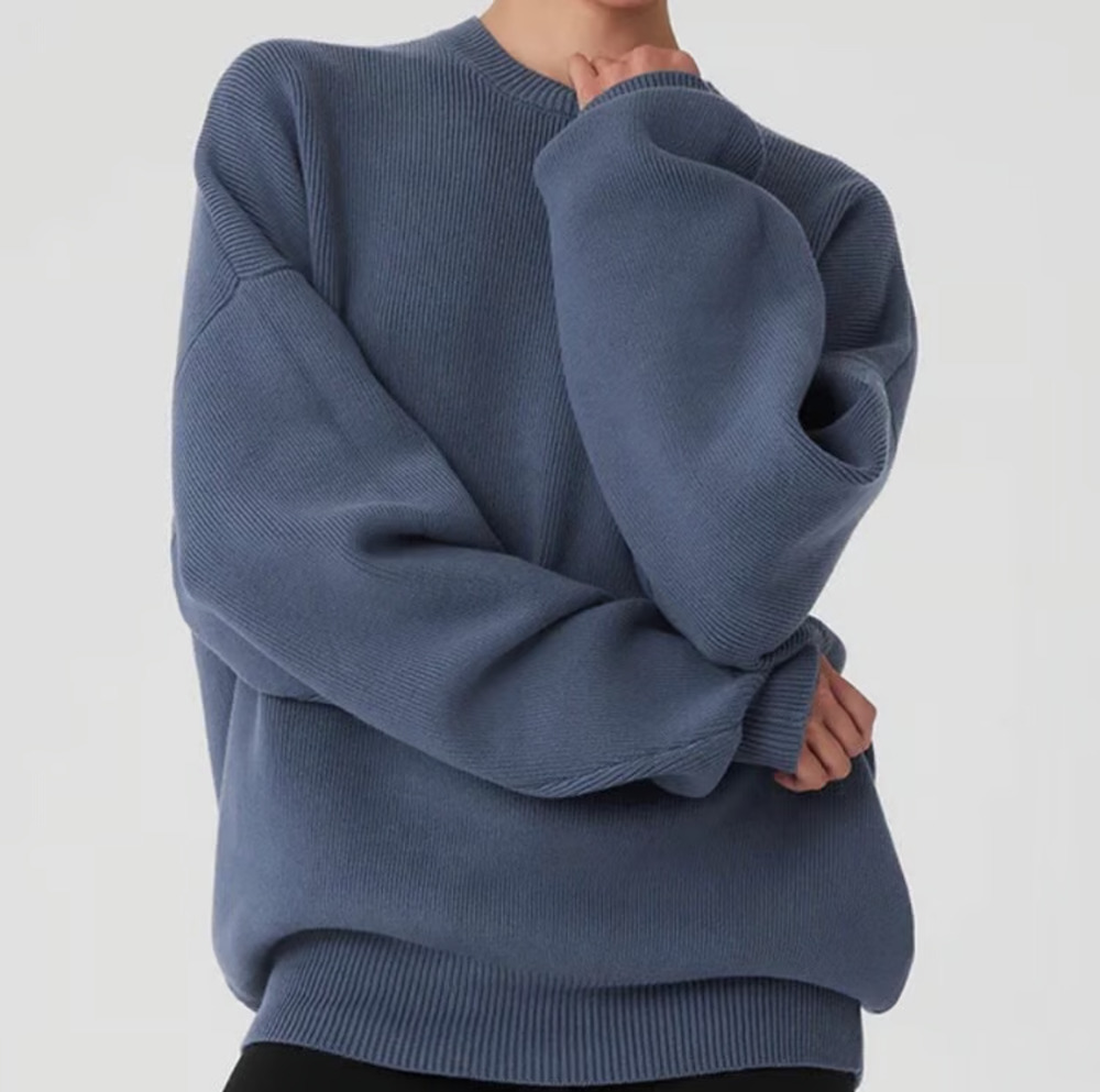 Alo Yoga Scholar Crew Neck Sweater oversized Y2K knit Bluestone Medium A010069 - Picture 1 of 10